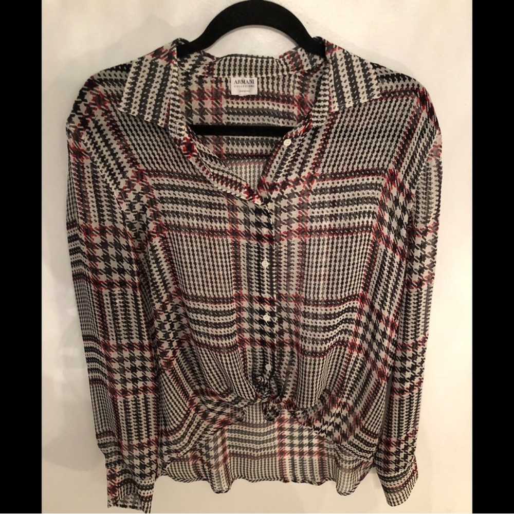 Armani Collezioni Blouse houndstooth size 10 sheer button down NWOT